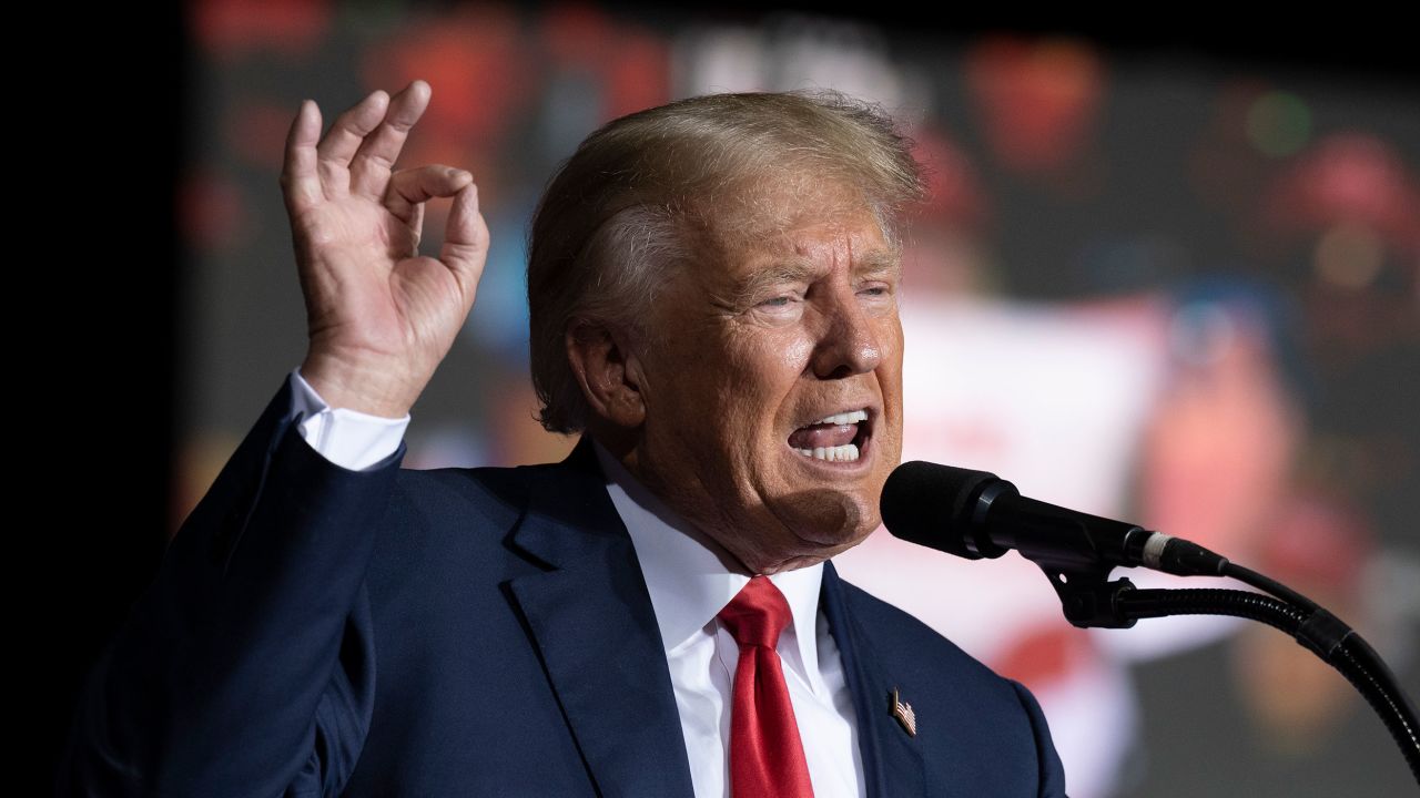 Former President Donald Trump speaks at the Minden Tahoe Airport in Minden, Nevada, on Octover 8, 2022. 