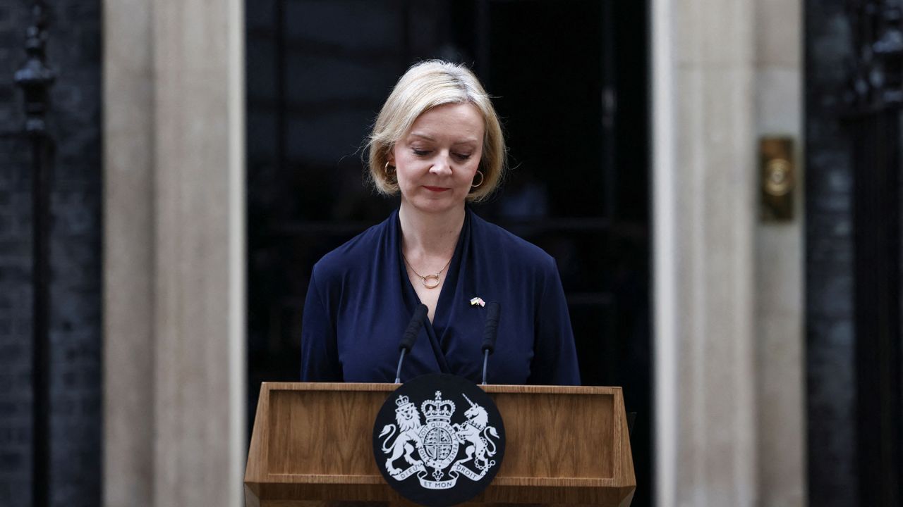 British Prime Minister Liz Truss announces her resignation, outside Number 10 Downing Street, London, Britain October 20, 2022.