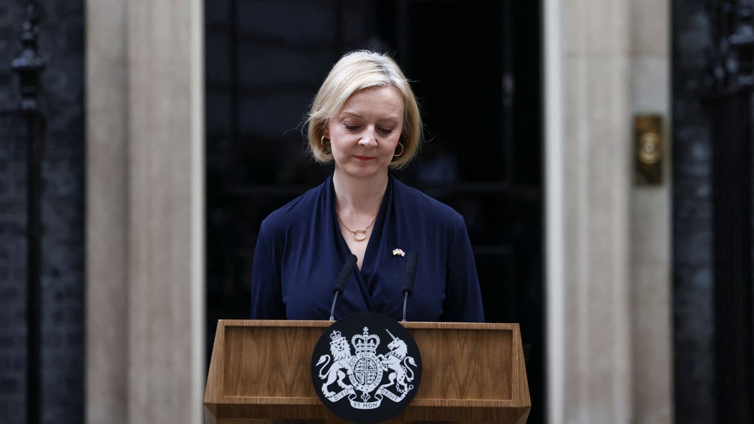 British Prime Minister Liz Truss announces her resignation, outside Number 10 Downing Street, London, Britain October 20, 2022.