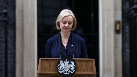 British Prime Minister Liz Truss announces her resignation in front of No. 10 Downing Street on October 20.