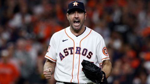 Justin Verlander celebrates during the Houston Astros' Game 1 win against the New York Yankees. 