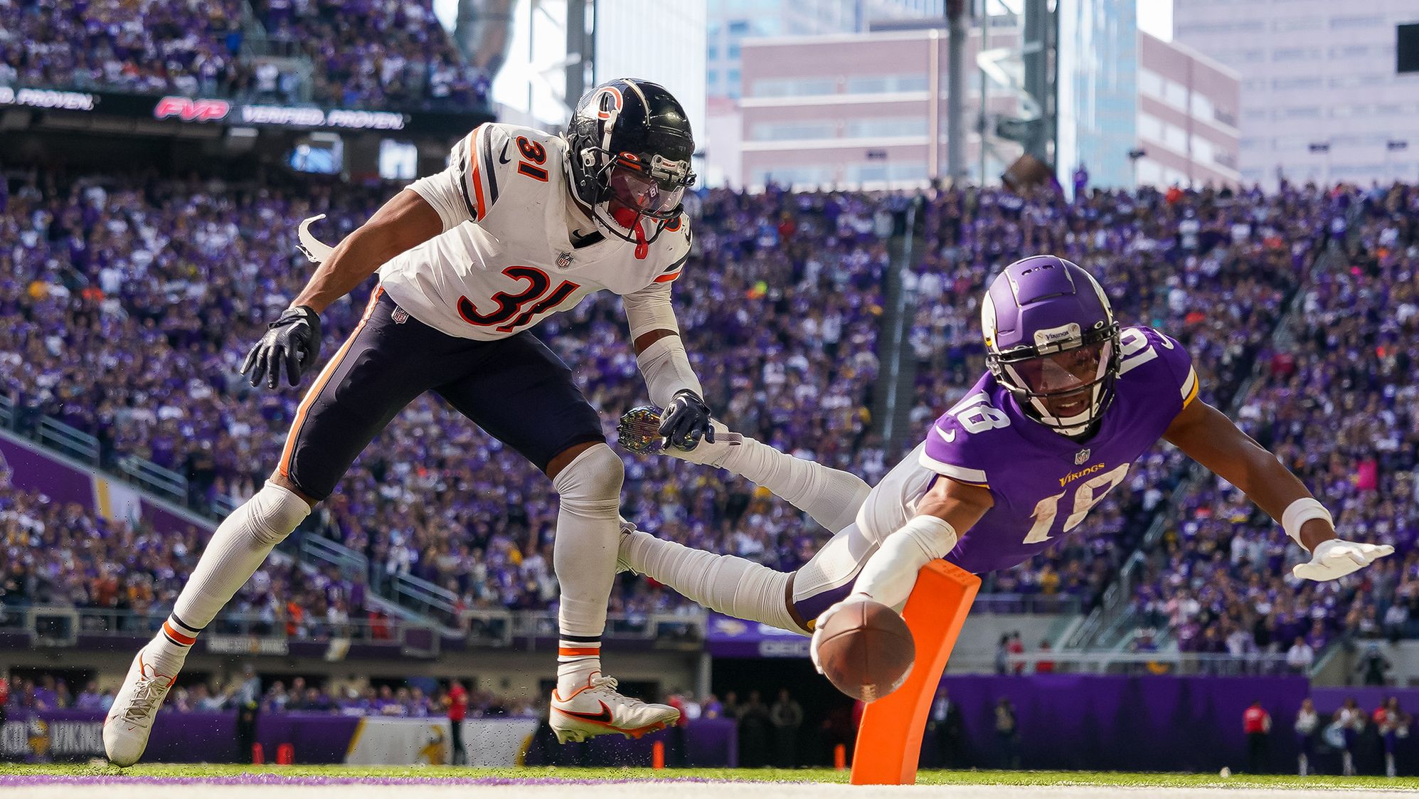 Minnesota wide receiver Justin Jefferson dives for a two-point conversion during the Vikings' 29-22 victory over the Chicago Bears.