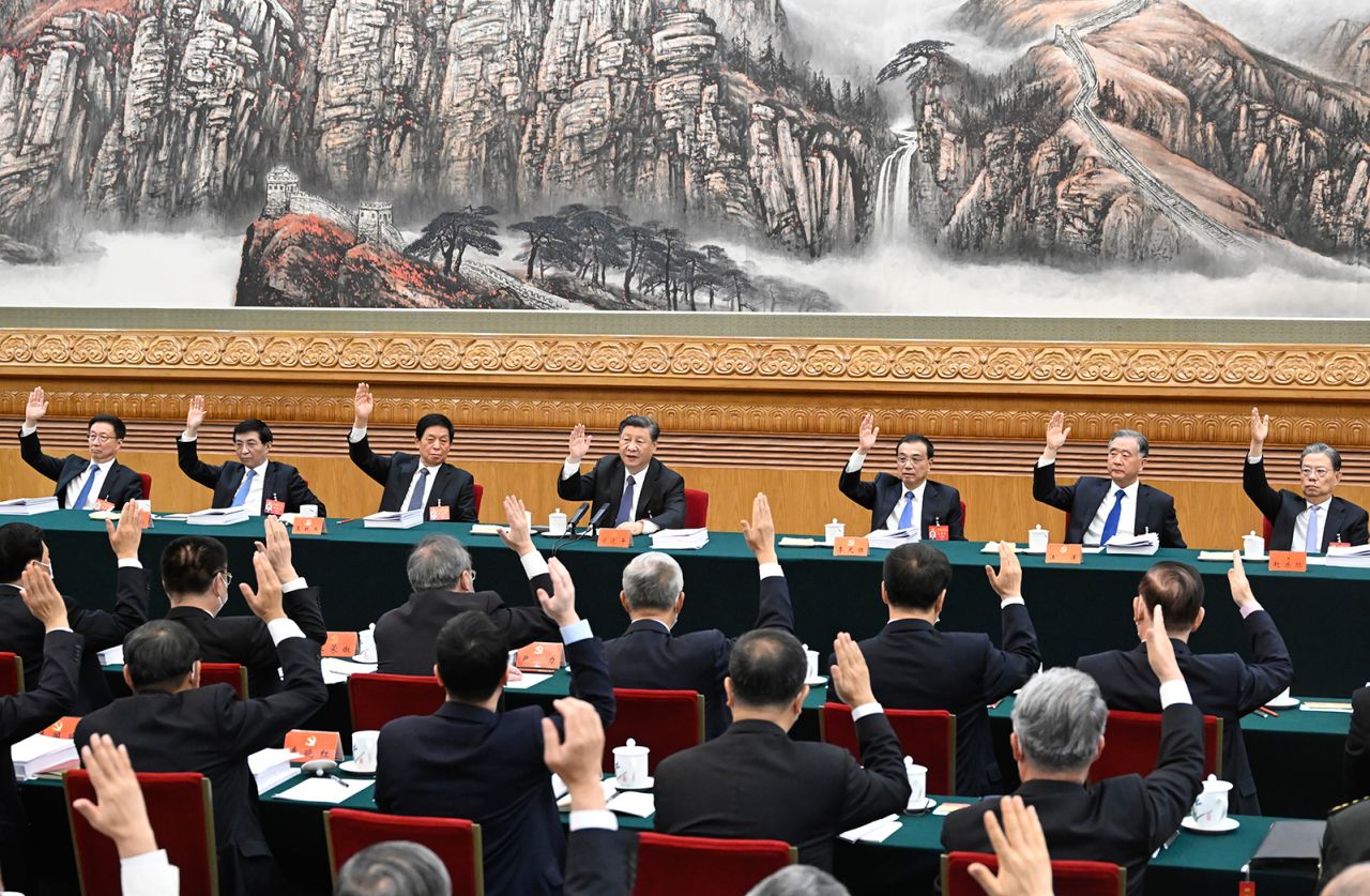 Senior Communist Party officials attend the Party Congress at the Great Hall of the People on October 18.
