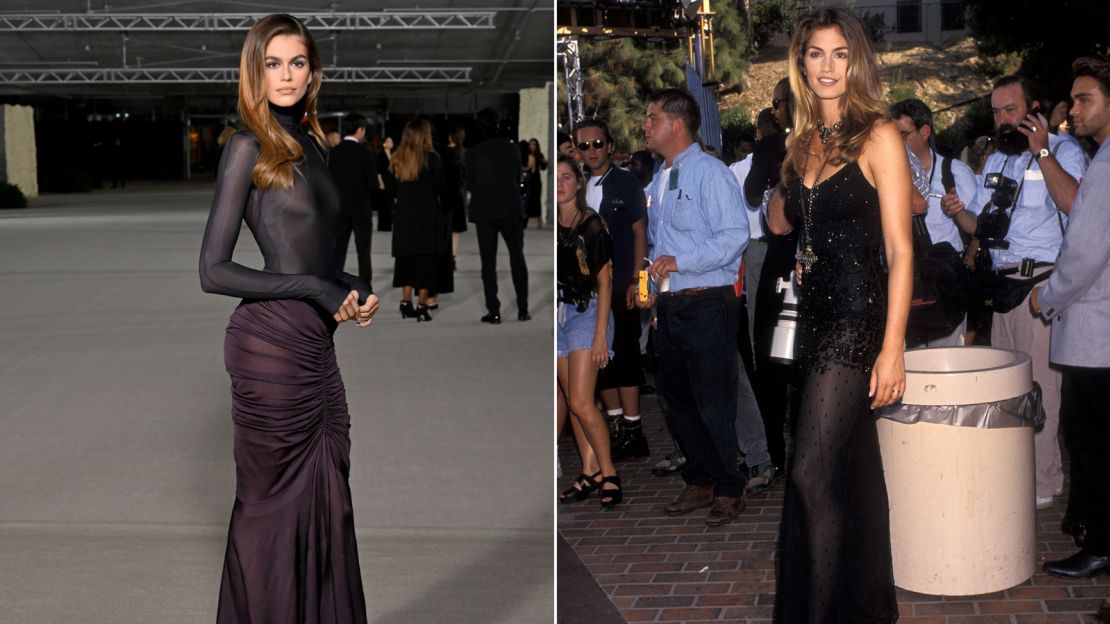 Dressed in a sheer Alaiïa look (left) for the the 2nd Annual Academy Museum Gala in Los Angeles, Gerber looked  strikingly similar to her mother, Cindy Crawford. Here, Crawford wore a similar black sheer maxi dress to the 10th Annual MTV Video Music Awards in 1993 (right).