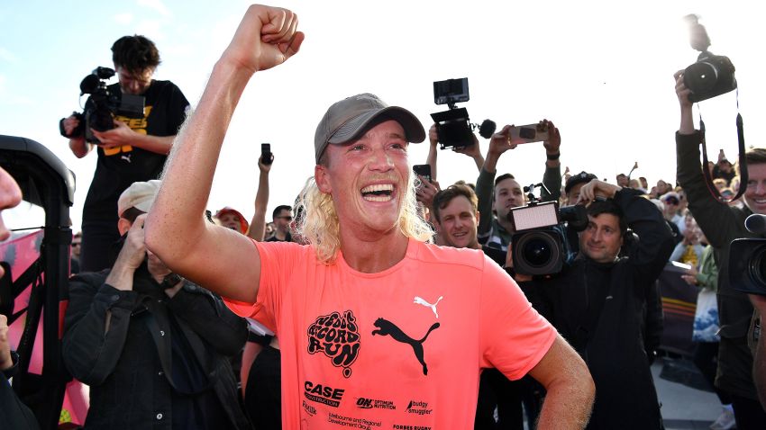 Nedd Brockmann finishes the record run at - Bondi .Picture: Gregg Porteous