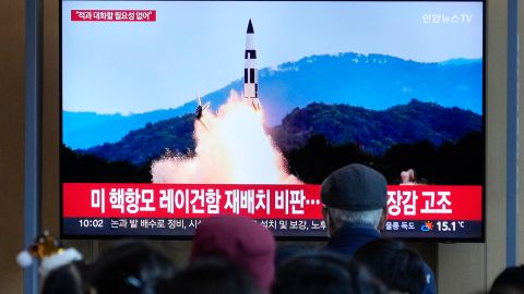 A TV screen at a railway station in Seoul, South Korea, shows an image of a North Korean missile launch on October 10, 2022.