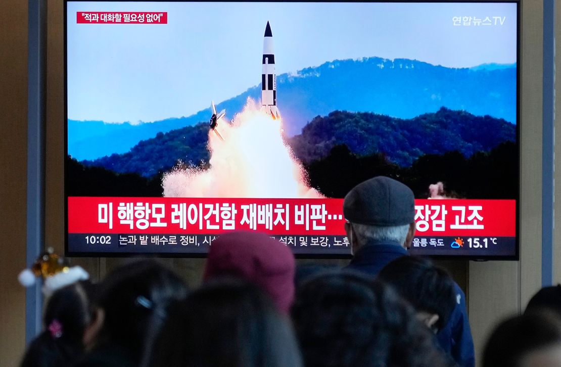 A TV screen at a railway station in Seoul, South Korea, shows an image of a North Korean missile launch on October 10, 2022. 