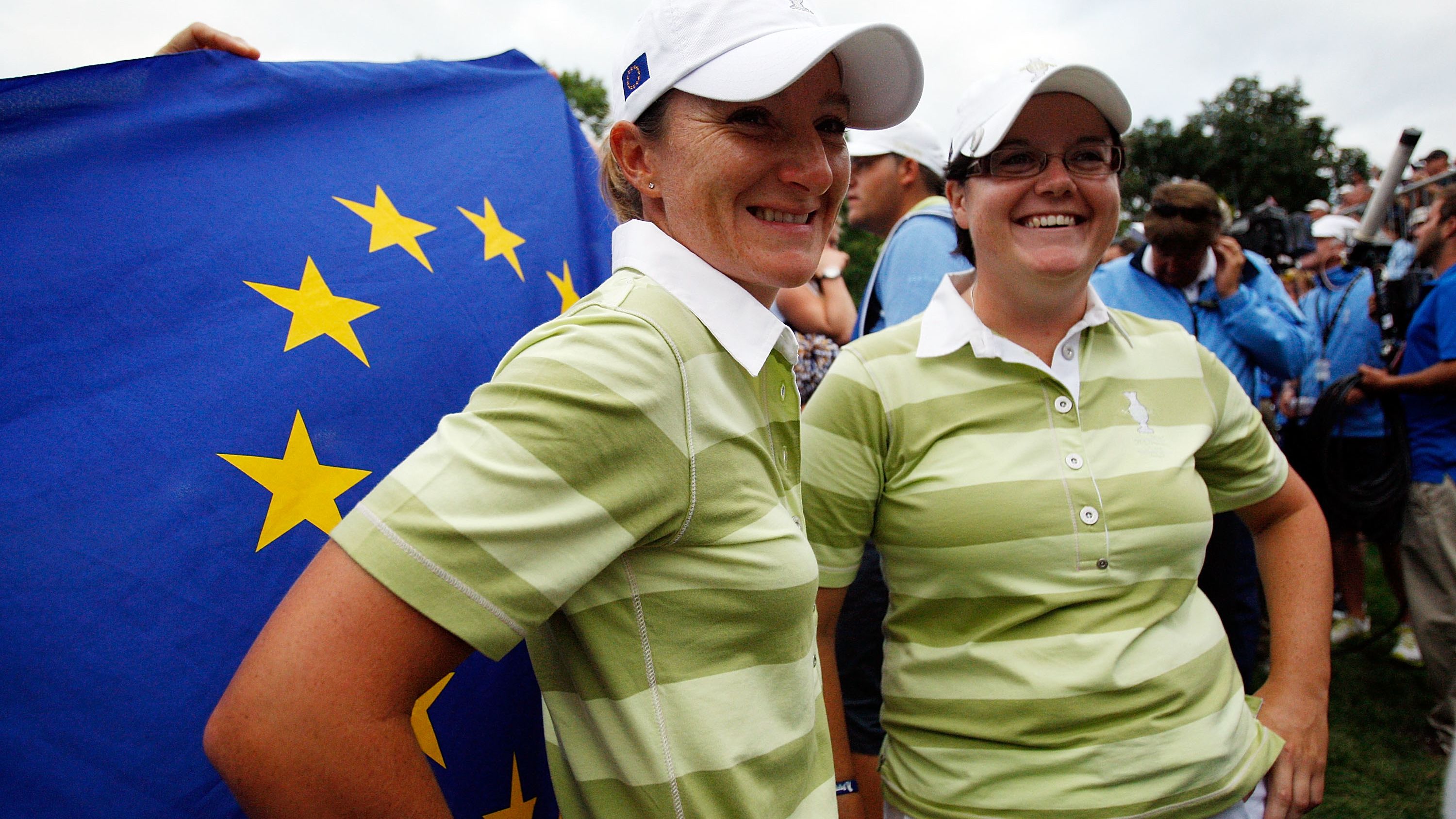 European teammates Gwladys Nocera (L) and Brewerton (R) after defeating the US Team pair in the 2009 Solheim Cup at Rich Harvest Farms, Illinois.
