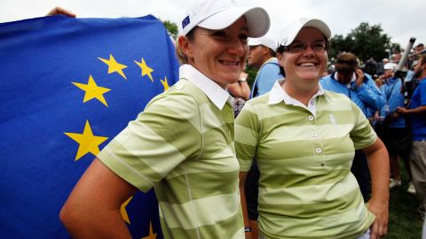 European teammates Gwladys Nocera (L) and Brewerton (R) after defeating the US team pair at the 2009 Solheim Cup at Rich Harvest Farms, Illinois.