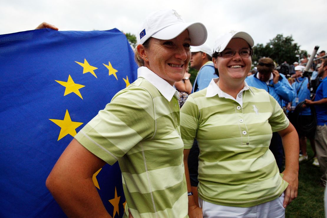European teammates Gwladys Nocera (L) and Brewerton (R) after defeating the US Team pair in the 2009 Solheim Cup at Rich Harvest Farms, Illinois.