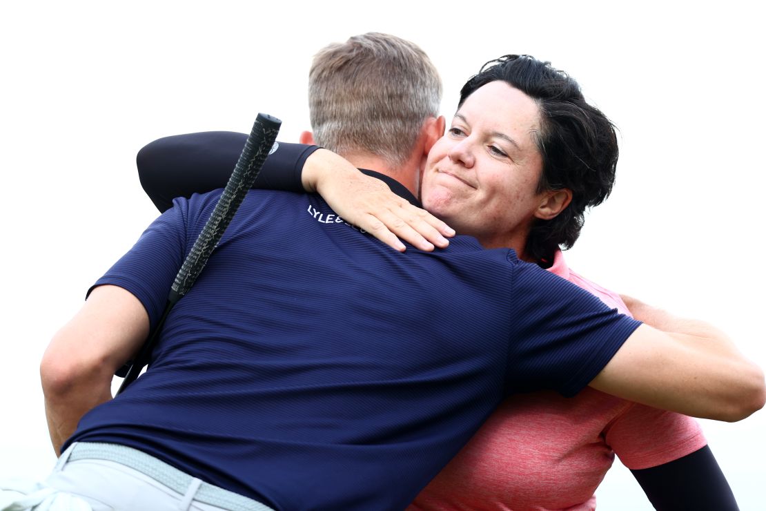 Brewerton embraces a fellow player at the Scandinavian Mixed at Halmstad Golf Club, Sweden in June.
