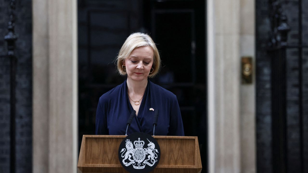 British Prime Minister Liz Truss announces her resignation, outside Number 10 Downing Street, on October 20.