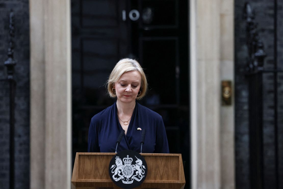 British Prime Minister Liz Truss announces her resignation, outside Number 10 Downing Street, on October 20.