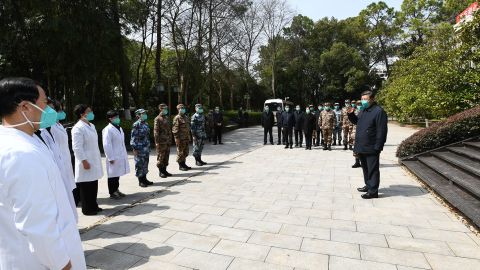 Chinese leader Xi Jinping meets with medical workers at Huoshenshan Hospital in Wuhan in March 2020.