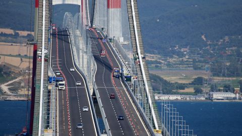 CANAKKALE, TURKIYE - JUNE 18: A view from the 1915 Canakkale Bridge as the catwalk is being removed in Canakkale, Turkey on June 18, 2022. (Photo by Burak Akay/Anadolu Agency via Getty Images)