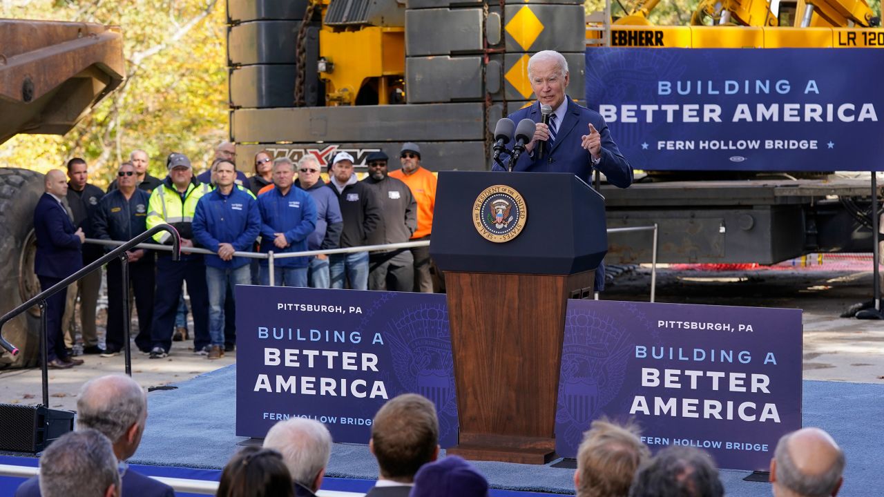 President Joe Biden speaks about his infrastructure agenda at Fern Hollow Bridge in Pittsburgh, Thursday, Oct. 20, 2022. 