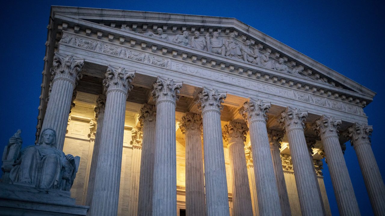 The U.S. Supreme Court stands illuminated at night in Washington, D.C., U.S., on Monday, May 4, 2020. Lawmakers are preparing for a debate on whether the U.S. economy will need a long-term effort to rebuild it, something that could cost trillions of dollars. Photographer: Al Drago/Bloomberg