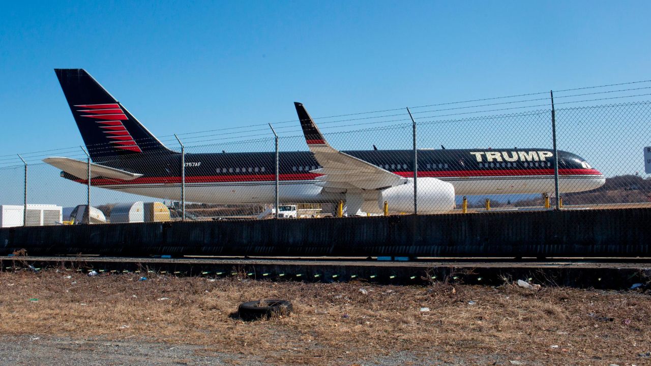 Trump's airplane sits at the edge of a runway in need of repairs on March 22, 2021, at Stewart Airport outside Newburgh, New York.
