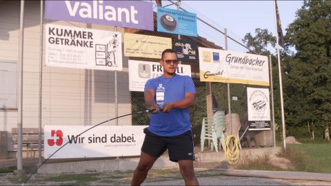 A Hochstennen player is a picture of concentration as he prepares to swing.