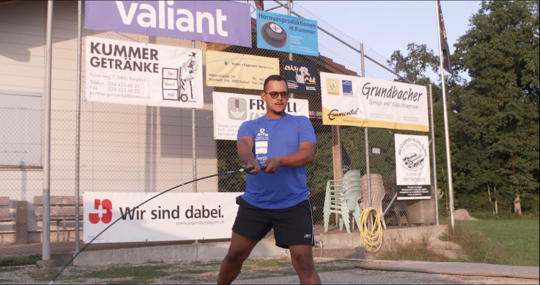 A Hochstennen player is a picture of concentration as he prepares to swing.