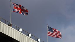 Flags from the United Kingdom and United States of America are flown at Villa Park on March 5, 2022 in Birmingham, United Kingdom. 