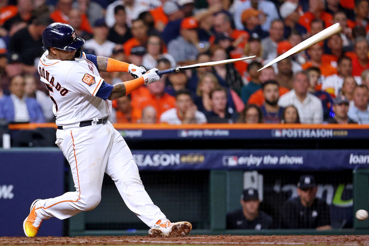 Houston Astros catcher Martin Maldonado breaks his bat on a ground out against the New York Yankees during Game 1 of the American League Championship Series in Houston, Texas, on Wednesday, October 19.  The Astros won 4-2.