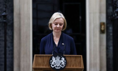 <a href="https://www.cnn.com/2022/09/05/uk/gallery/liz-truss/index.html" target="_blank">British Prime Minister Liz Truss</a> announces her resignation in front of 10 Downing Street in London on Thursday, October 20.
