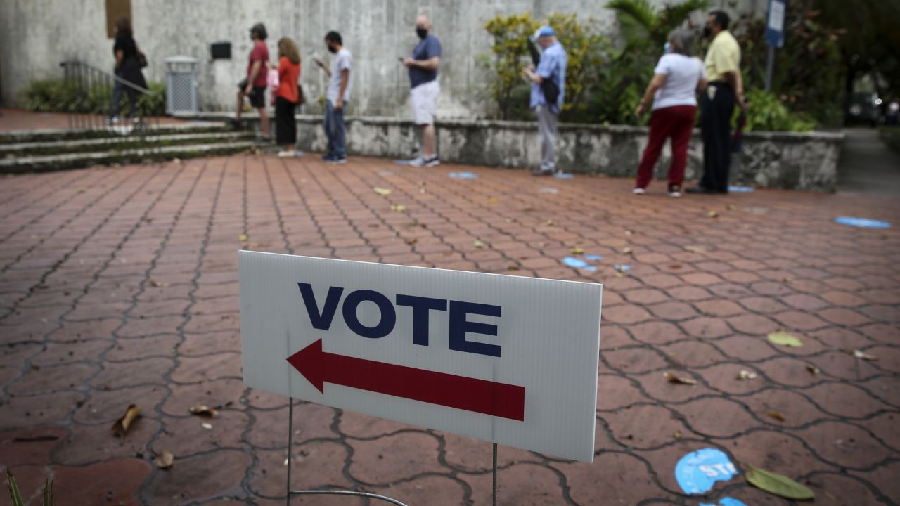 A "Vote" sign is displayed outside an early voting polling location for the 2020 presidential election in Miami on October 19, 2020.