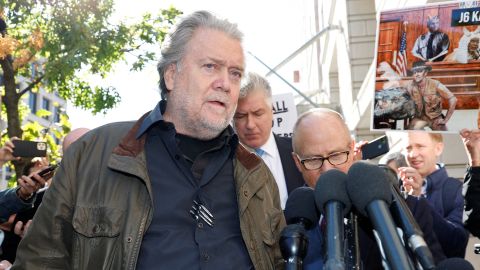 Steve Bannon speaks to reporters after his sentencing hearing at U.S. District Court in Washington, DC, on October 21, 2022. 