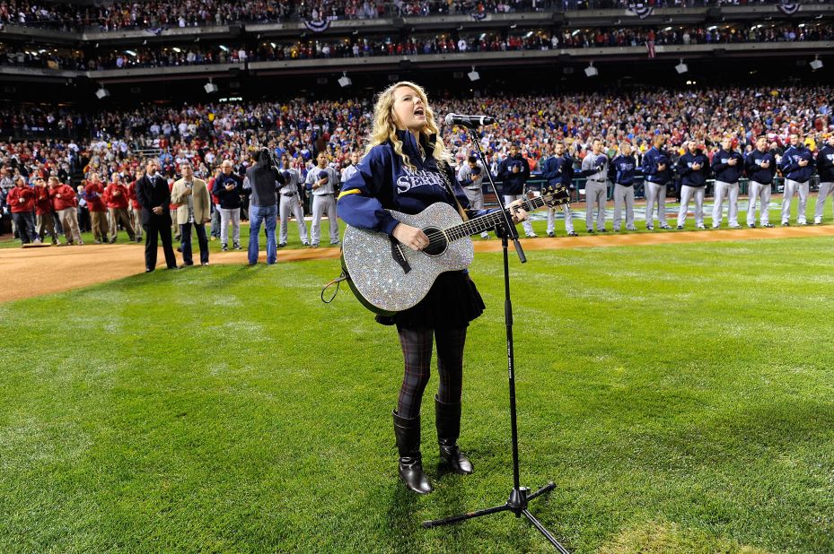 Swift sings the National Anthem before Game 3 of the 2008 World Series in Philadelphia.