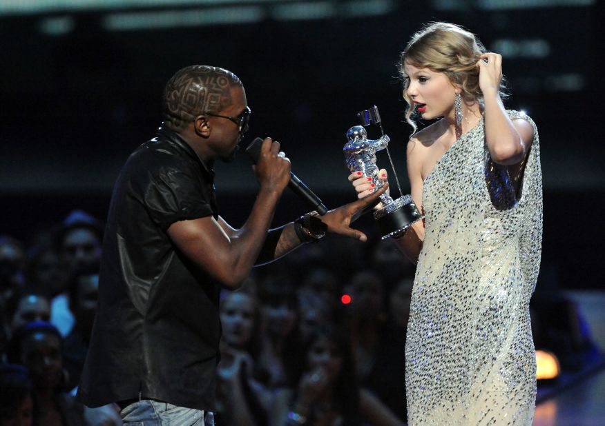 Kanye West interrupts Swift as she accepts the award for best female video during the 2009 MTV Video Music Awards in New York. "Taylor, I'm really happy for you," West said after grabbing the microphone from a clearly stunned Swift. "I'll let you finish, but Beyonce had one of the best videos of all time! One of the best videos of all time!"
