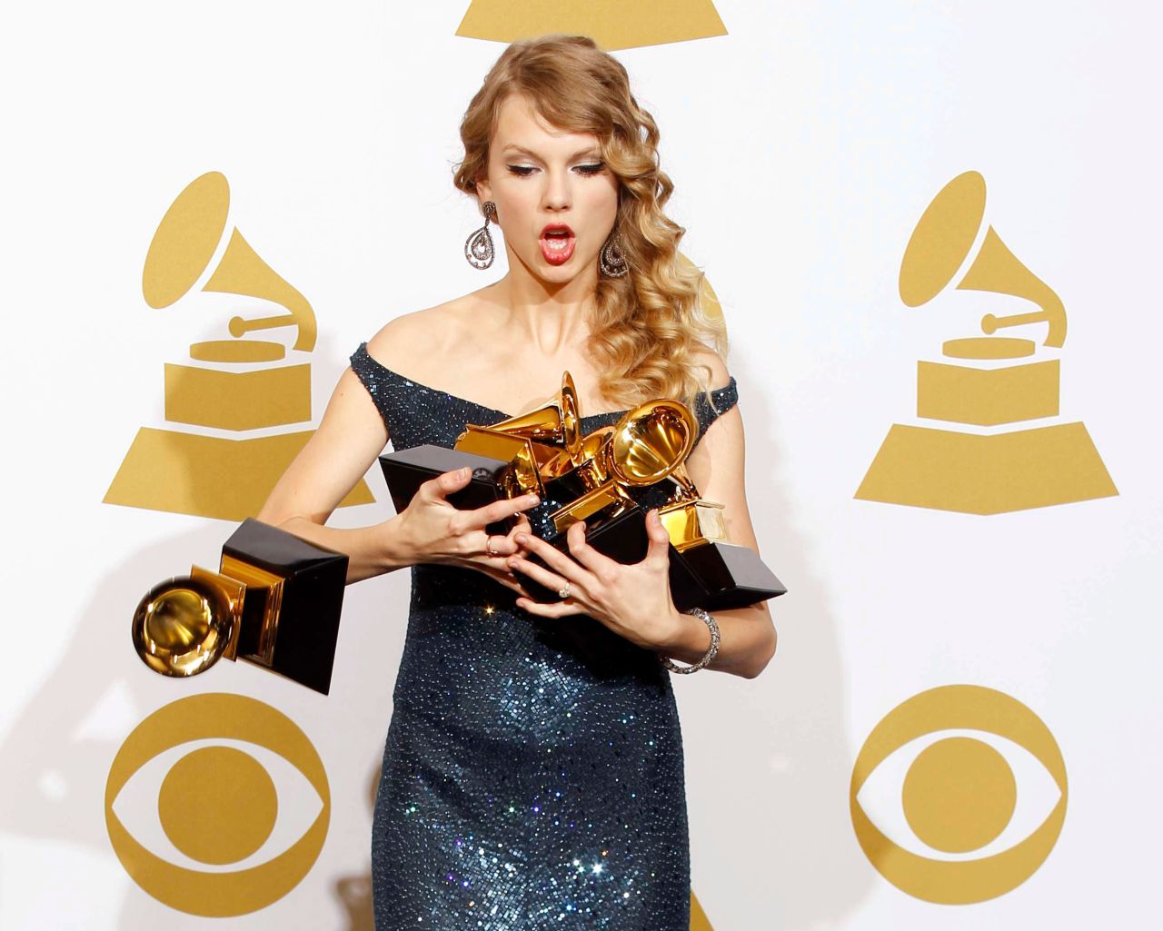 Swift drops one of her four Grammys at the 52nd annual Grammy Awards in Los Angeles in 2010. That year she won album of the year, best country album, best female country vocal performance and best country song.