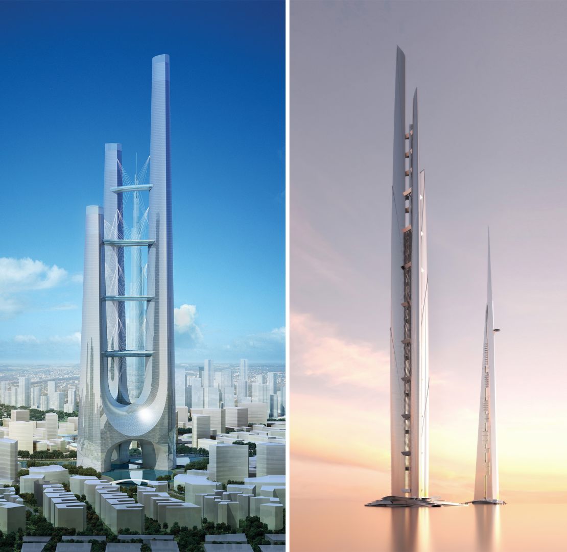 Left: A rendering of 1 Dubai, an unrealised 1,000m+ megatall skyscraper. Its likeness can be seen in one of the firm's concepts for a mile-high skyscraper (shown in a rendering next to the design for the Jeddah Tower).