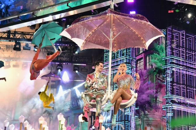 Brandon Urie and Taylor Swift perform at the 2019 Billboard Music Awards. As Swift sang her new single "ME!," <a href="index.php?page=&url=https%3A%2F%2Fwww.cnn.com%2F2019%2F05%2F02%2Fentertainment%2Ftaylor-swift-billboard-music-awards-performance-beyonce%2Findex.html" target="_blank">some on social media pointed out</a> that it looked a lot like Beyonce's iconic show at Coachella in 2018.