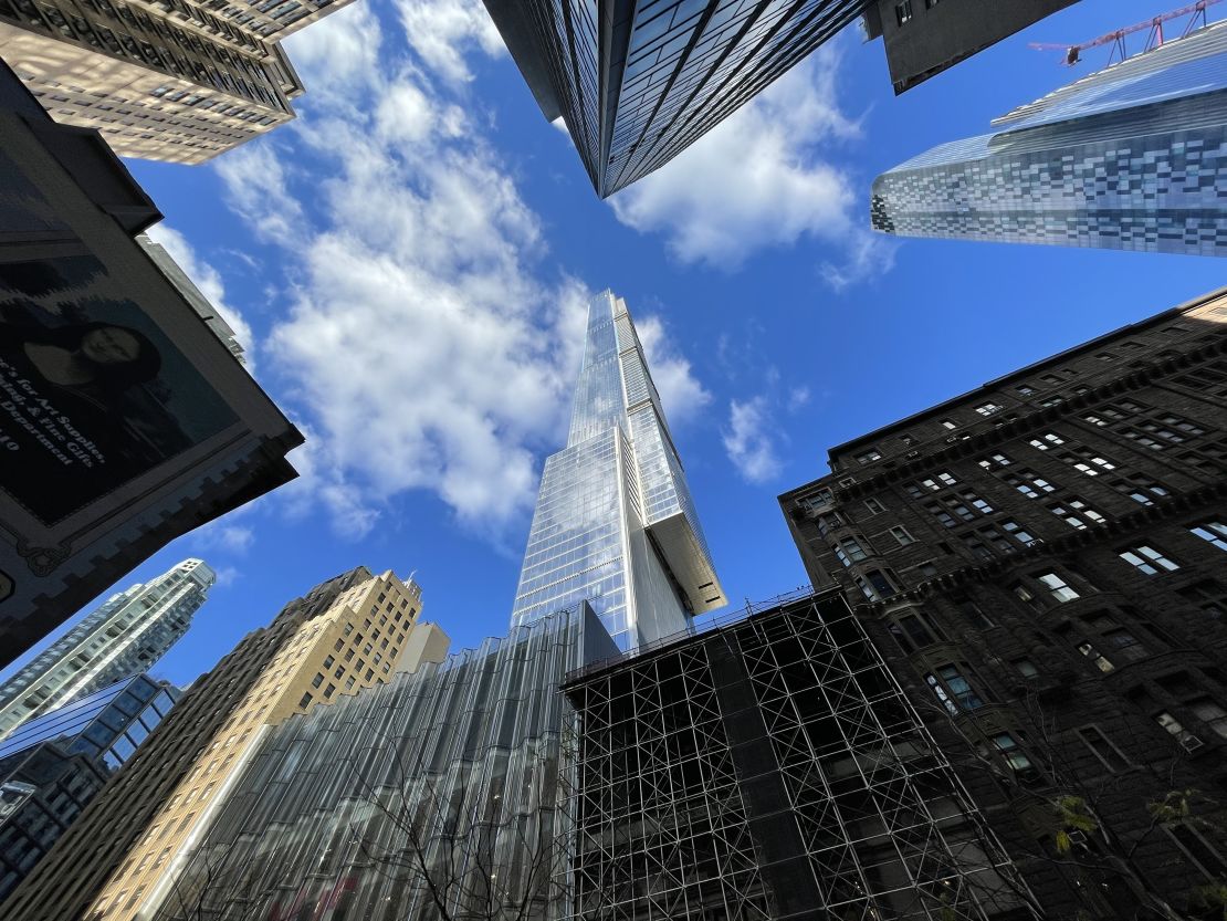 A streetview of Central Park Tower, a 472 meter supertall skyscraper in New York designed by AS+GG and completed in 2020.