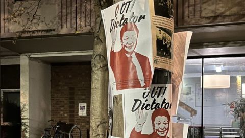Posters calling for Chinese leader Xi Jinping's removal on an university campus in London.