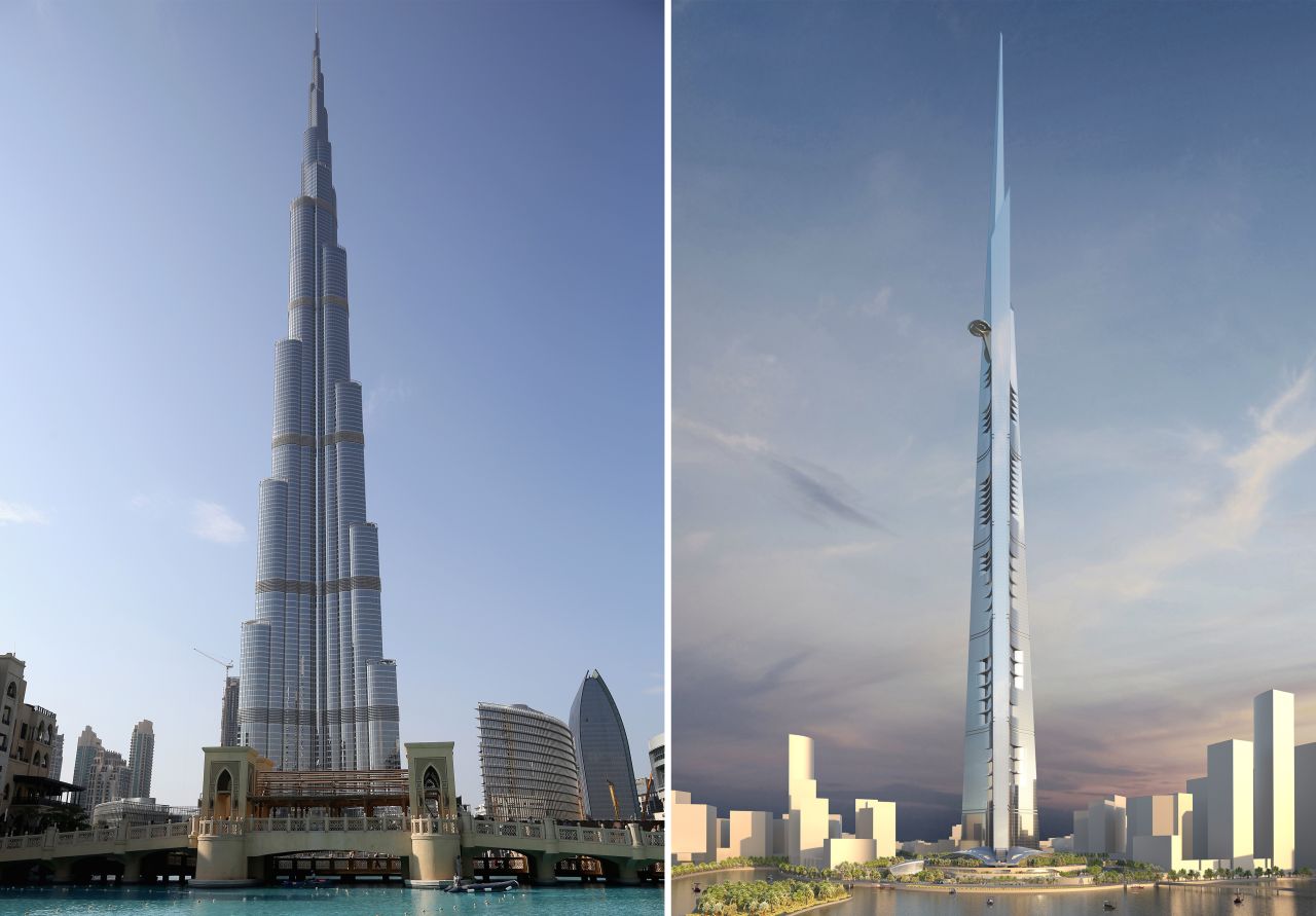 A composite image of the Burj Khalifa in Dubai, pictured in 2013, and a rendering of the Jeddah Tower, a skyscraper in Saudi Arabia which would surpass the Burj Khalifa as the world's tallest building when completed.
