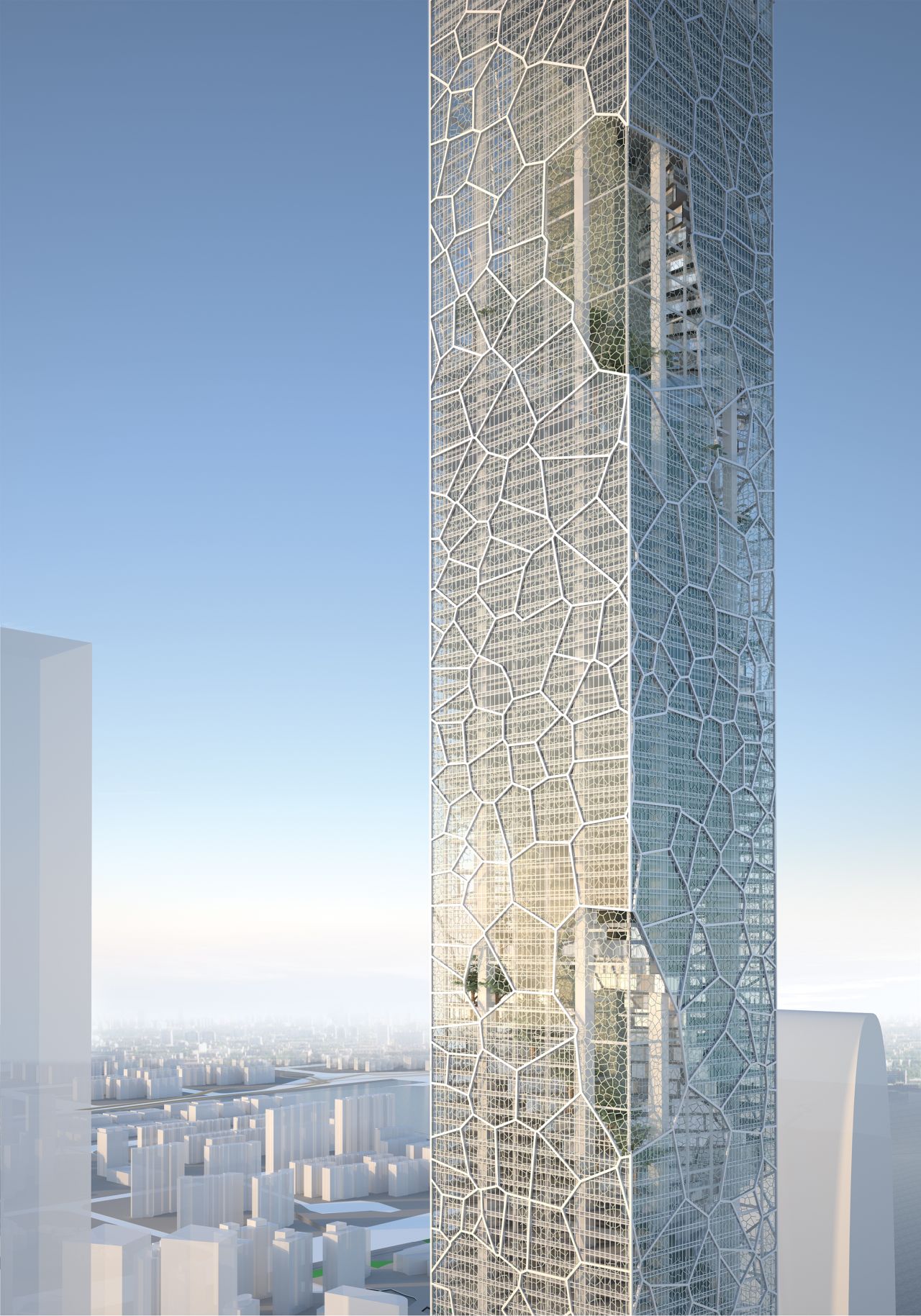 A rendering of a section of facade of the Biophilic Tower, a 668m skyscraper proposed for Suzhou, China in 2012. The design featured many elements inspired by shapes found in the natural world, and incorporate flora into its interiors.