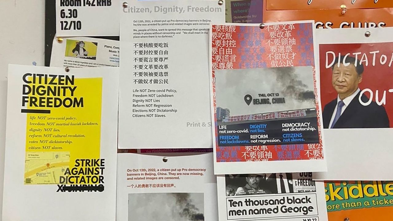 Anti-Xi posters on a notice board at a university campus in London.