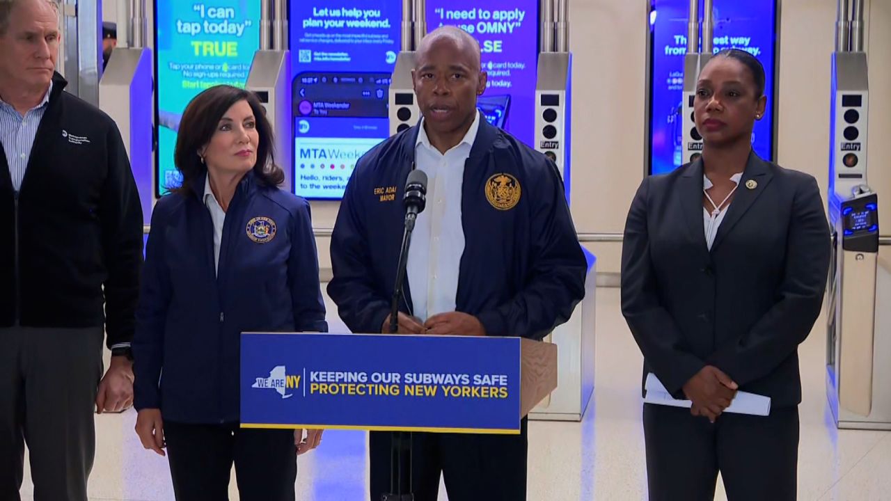 Gov. Kathy Hochul and Mayor Eric Adams announce new subway safety initiatives during an October 22 joint news conference.