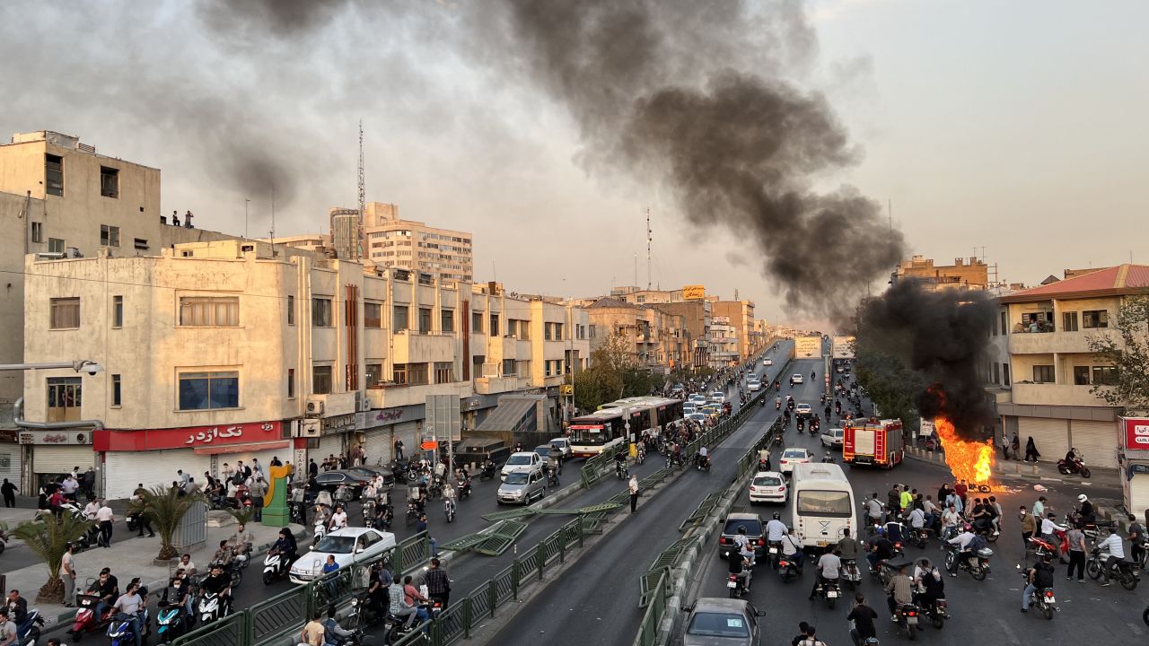 A motorcycle on fire in the Iranian capital Tehran, on October 8, 2022. 
