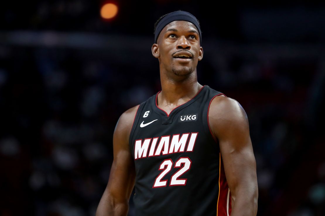 Jimmy Butler of the Miami Heat looks on against the Toronto Raptors.