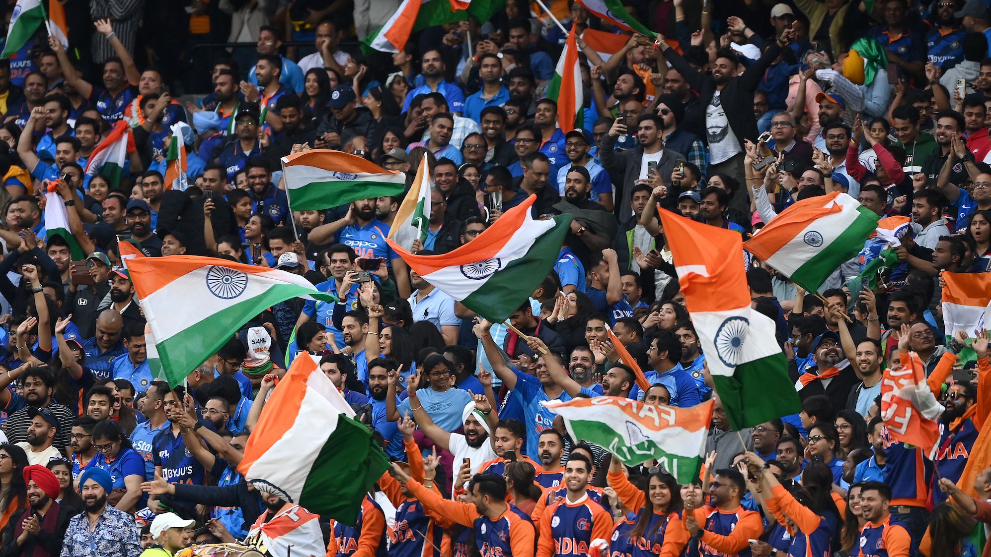 Fans show their support during the ICC Men's T20 World Cup match between India and Pakistan at Melbourne Cricket Ground. 