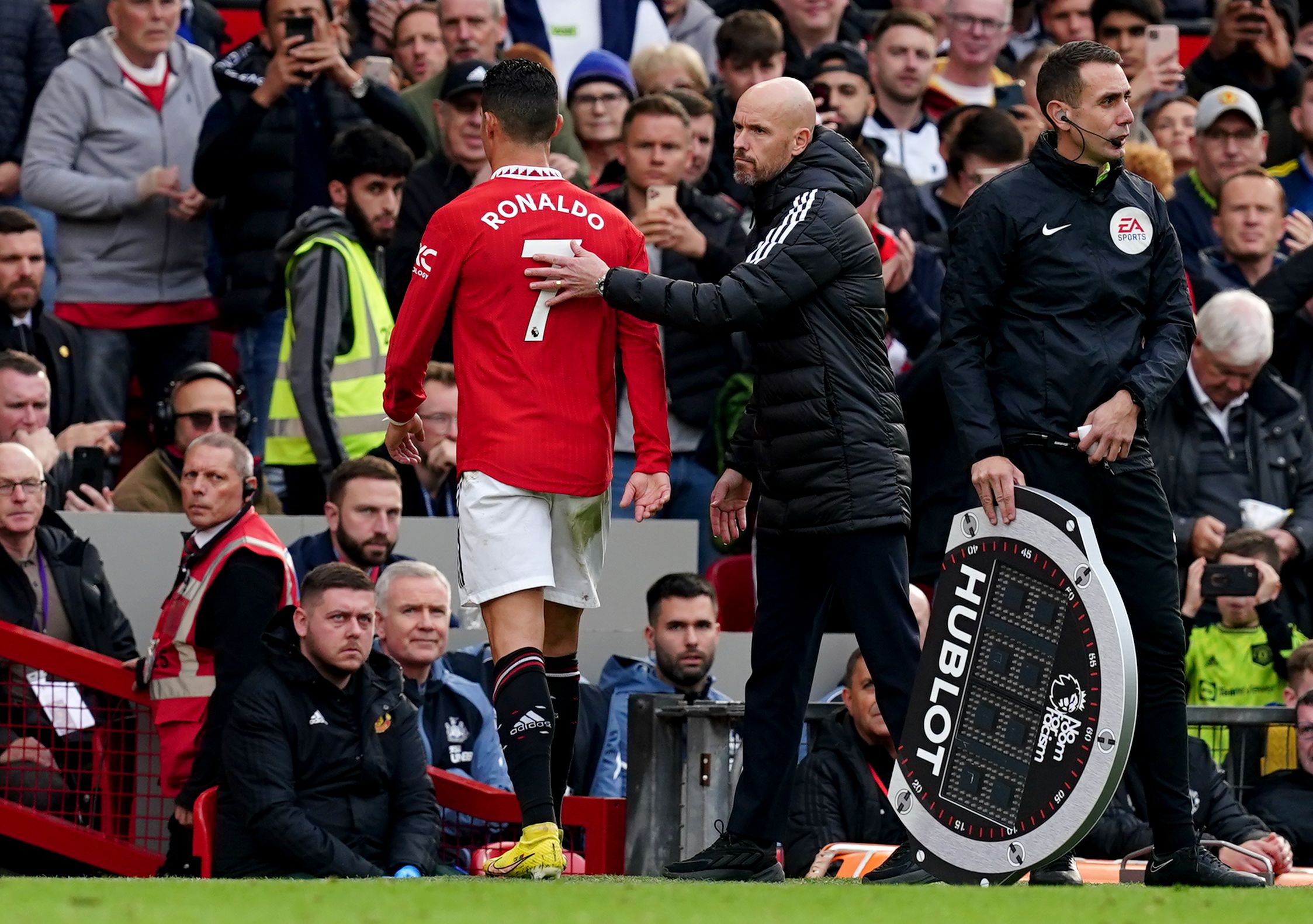 Cristiano Ronaldo of Manchester United walks back to the centre