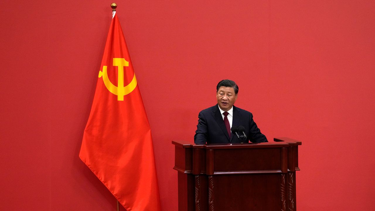 Chinese Leader Xi Jinping speaks at an event to introduce new members of the Politburo Standing Committee at the Great Hall of the People in Beijing, Sunday, Oct. 23, 2022. 