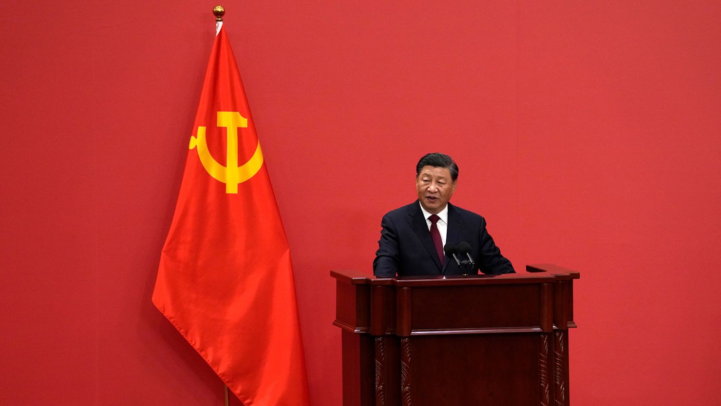 Chinese Leader Xi Jinping speaks at an event to introduce new members of the Politburo Standing Committee at the Great Hall of the People in Beijing, Sunday, Oct. 23, 2022. 