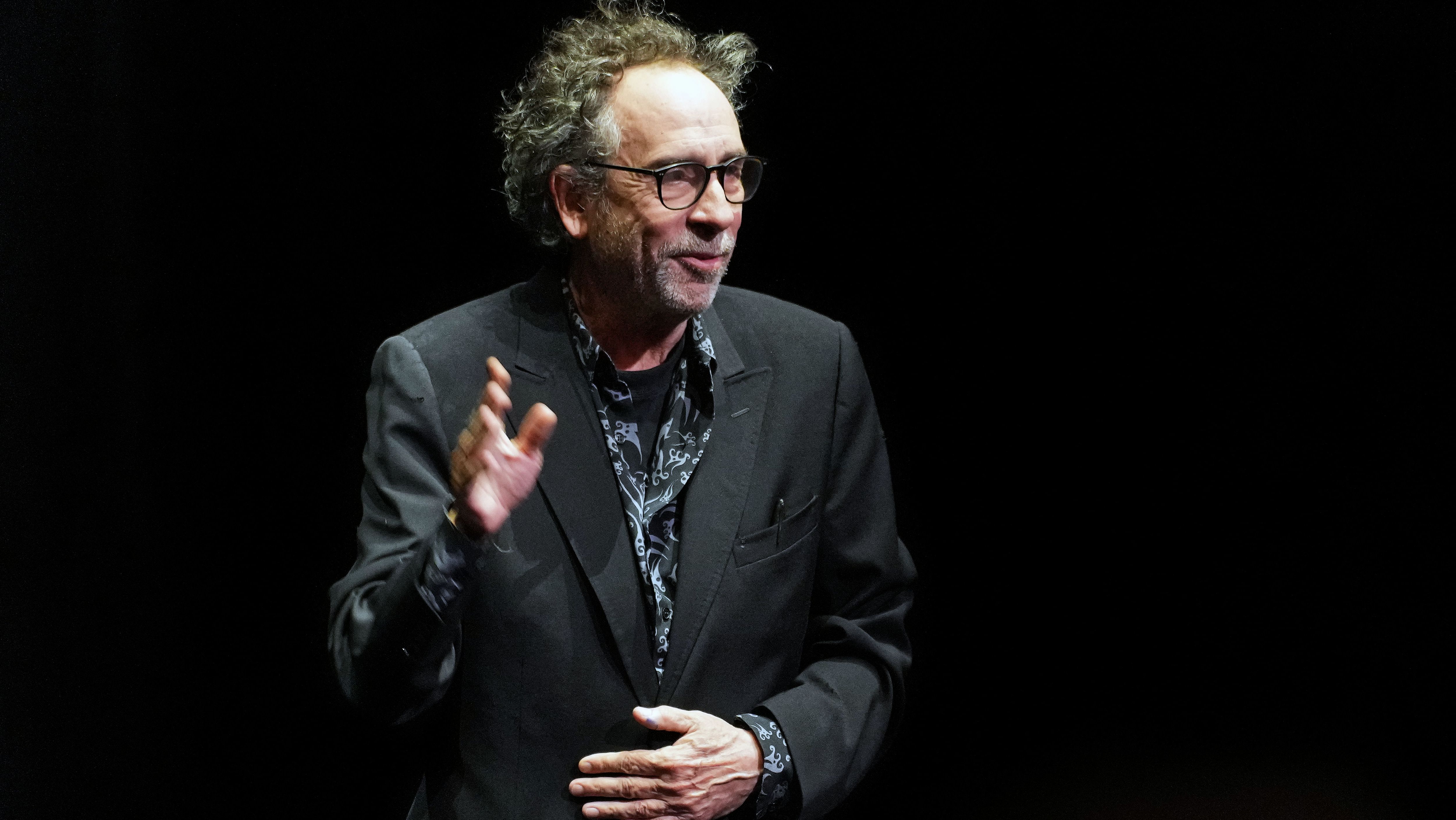 Tim Burton appears onstage during his Master Class during the 14th Film Festival Lumiere on October 21, 2022 in Lyon, France.