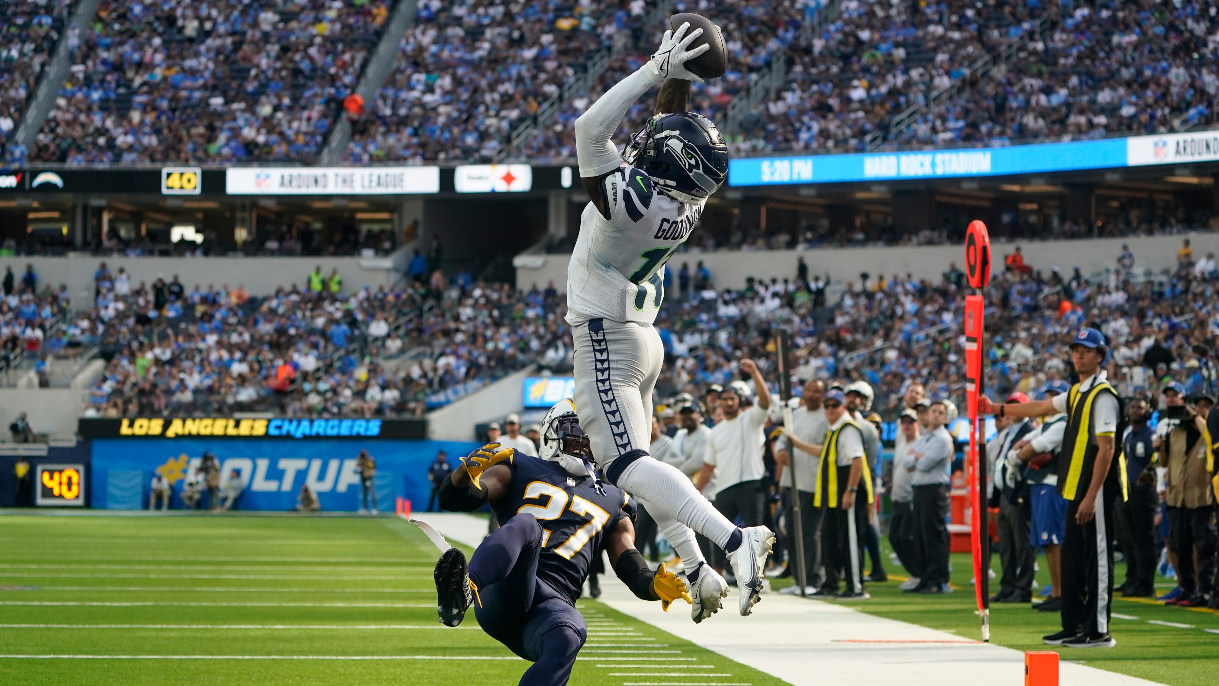 Seattle Seahawks receiver Marquise Goodwin makes an amazing catch for a touchdown in the first half of a 37-23 win against the Los Angeles Chargers on Sunday. Goodwin made four catches for 67 yards and two TDs on the day.