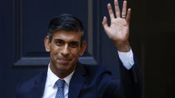 New Conservative Party leader and incoming prime minister Rishi Sunak waves as he departs Conservative Party Headquarters on October 24,2022 in London, England. Rishi Sunak was appointed as Conservative leader and the UK's next Prime Minister after he was the only candidate to garner 100-plus votes from Conservative MPs in the contest for the top job. 