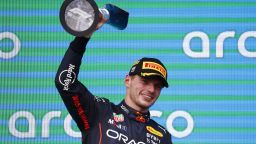 AUSTIN, TEXAS - OCTOBER 23: Race winner Max Verstappen of the Netherlands and Oracle Red Bull Racing celebrates on the podium following the F1 Grand Prix of USA at Circuit of The Americas on October 23, 2022 in Austin, Texas. (Photo by Chris Graythen/Getty Images)